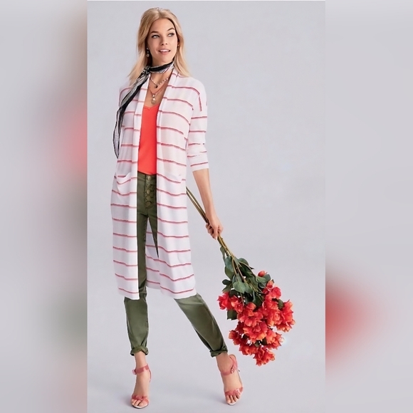 cabi Stroll Cardigan Style 5826 - Size Large - EUC - Orange White Duster - Picture 1 of 14